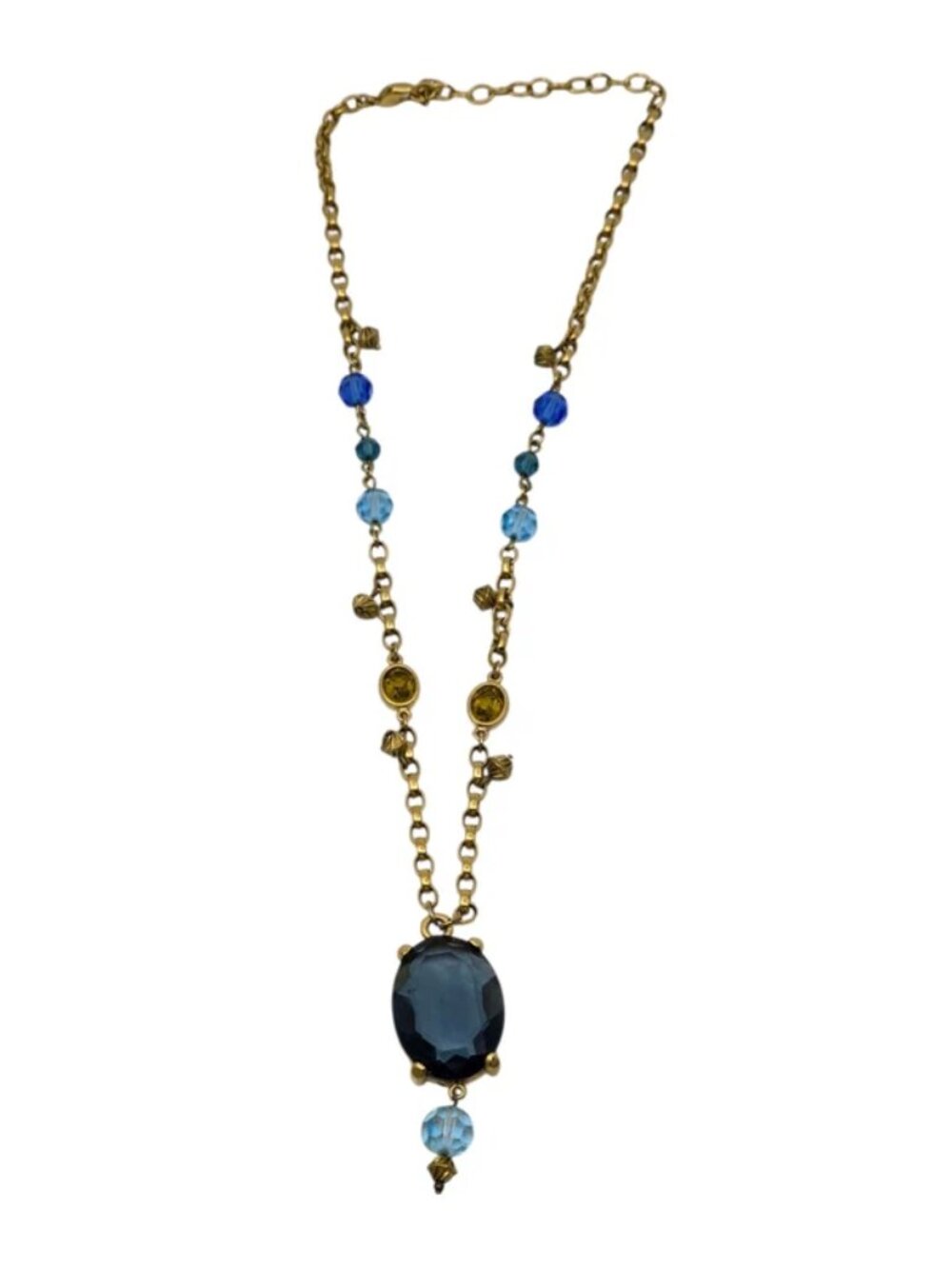 Vintage Swarovski Swan-Signed Gold-Tone Necklace w Sapphire-Blue Drop Pendant